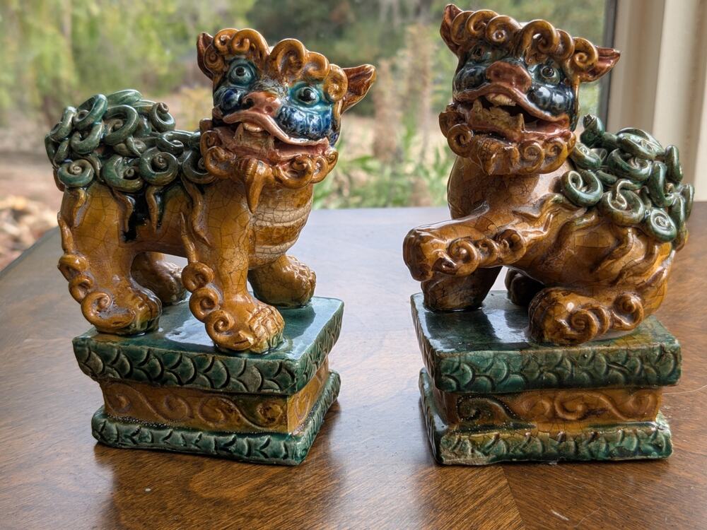 Pair Vintage Chinese Sancai Glazed Foo Dogs - Earthenware Guardians - 7.5"